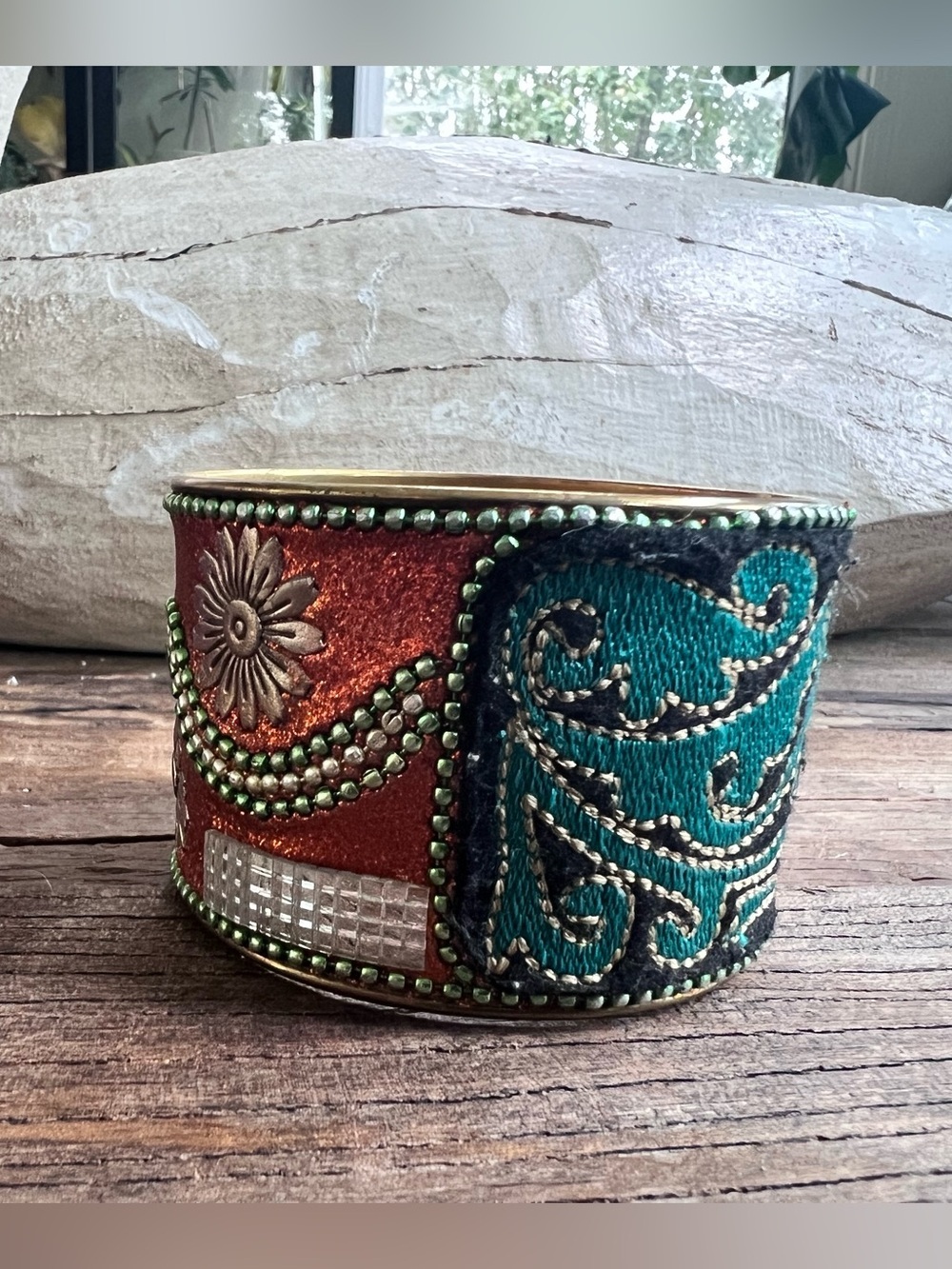 Embellished Teal and Copper or brass (?) cuff bangle bracelet beads & fabrics